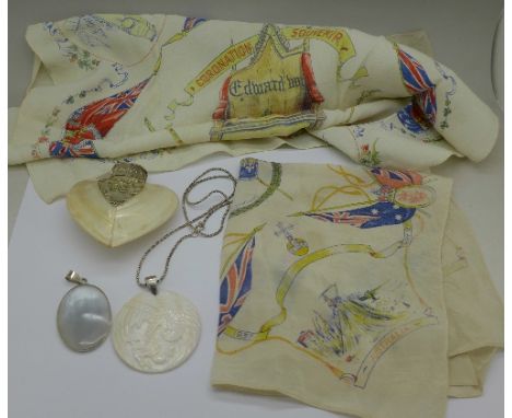 Two silk Royal commemorative handkerchiefs Edward VIII and George VI, a mother of pearl scent bottle and two mother of pearl 