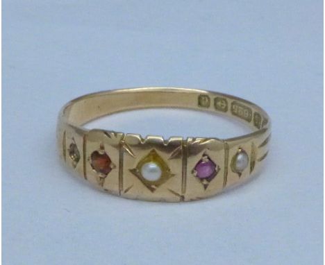 A 15ct gold ring, Birmingham 1903, lacking one pearl, 1.8g, O