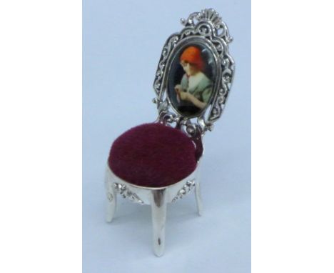 A modern 925 silver and enamel portrait chair with pin cushion seat