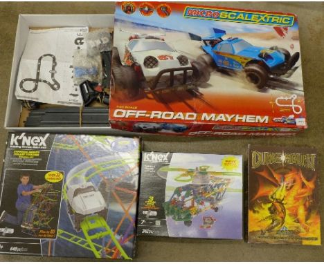 A Micro Scalextric Off-Road Mayhem set, a Dungeonquest game, and two K'nex models