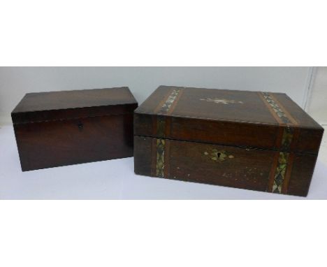 A Victorian inlaid workbox and a Georgian two compartment tea caddy