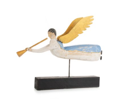 folk-inspired wooden and sheet metal rotating sculpture on a wooden base, initialled "RG" to base 50cm high x 62cm long Note: