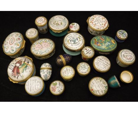 A collection of Halcyon Days and other enamel boxes inscribed "May you be happy", "Love is all", "Happy Birthday", "Je t'aime