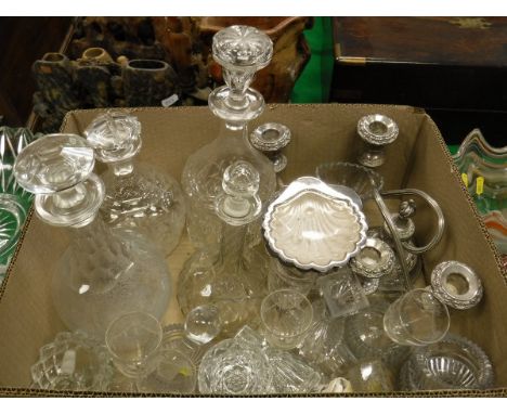 A collection of various glassware to include various 19th Century open salts, four decanters, etched drinking glasses, pair o
