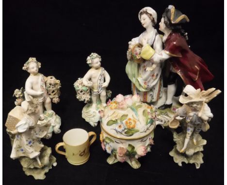 A Coalport "Coalbrookdale" floral encrusted pot and cover, a Royal Worcester miniature blushware loving cup, Dresden figure g