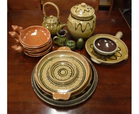 A collection of Cricklade Pottery to include pot and cover, teapot, hors d'oeuvres dishes, condiments, etc