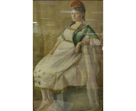 19TH CENTURY CONTINENTAL SCHOOL"Portrait of young lady in white dress, cream shawl, red hat", watercolour, unsigned CONDITION