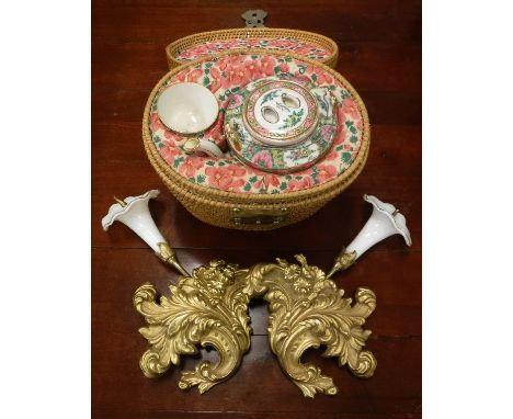 A pair of Victorian gilt metal and milk glass wall embellishments as Arum lilies, together with a modern Chinese teapot and c