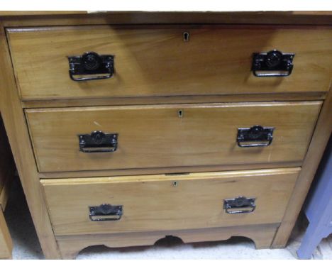 A satin walnut chest of three drawers, a 20th Century oak blanket box with applied moulded decoration, a painted chest of thr