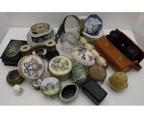 A box containing various modern Staffordshire enamel boxes, a Herend pin dish inscribed "Garrard 1989" to base, together with
