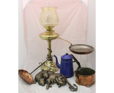 A Victorian copper kettle, copper saucepan, skillet, beer skimmer, enamel coffee pot, brass oil lamp, cold cast figure by Fri