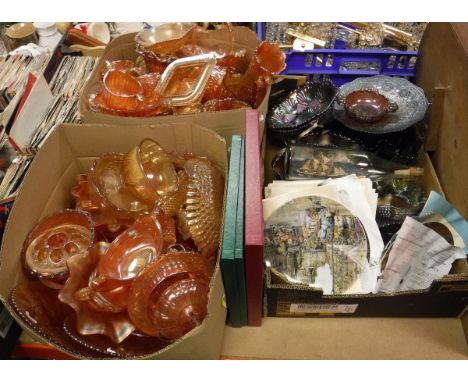 A large quantity of various carnival glass ware, including bowls, dishes, vases, etc (66) together with 4 oil paintings and a