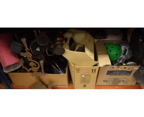 A quantity of various sundries to include five boxes containing various table lamps and ornaments, leather horse tack, gilt d