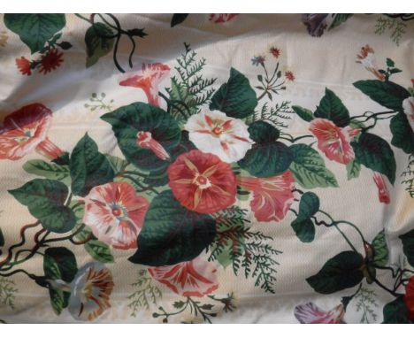 Three pairs of glazed cotton interlined curtains, the cream ground with floral decoration, together with various matching pel
