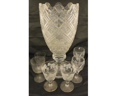 Two cut glass vases, a selection of various 19th Century and other glass drinking glasses, facet cut carafe, Royal Worcester 