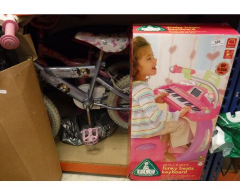 An IKEA child's painted table and two chairs, a Barbie child's bike, a Balin Zoobs Drive body board, an ELC Funky Beats keybo