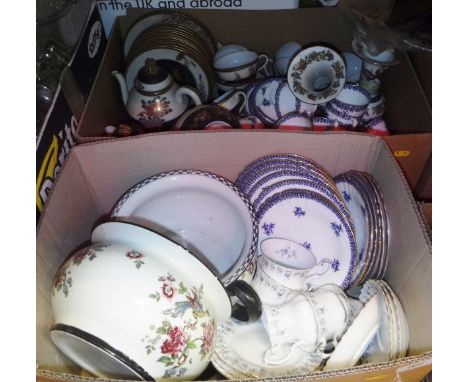 Two boxes of various china wares to include chamber pots, tea wares, dinner wares, Chinese part breakfast service, etc