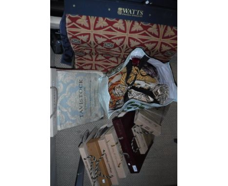 Ten various modern sample books to include Watts Jan Sanderson & Linwood, together with a bag containing assorted tassel tie-
