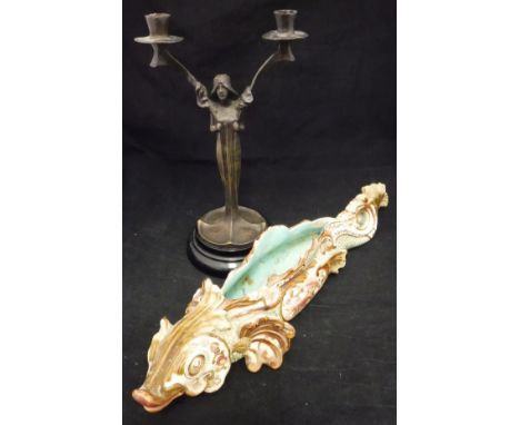 A 19th Century majolica table centrepiece in the form of a sturgeon by Wilhelm Schiller & Sons bearing W S & S mark within a 