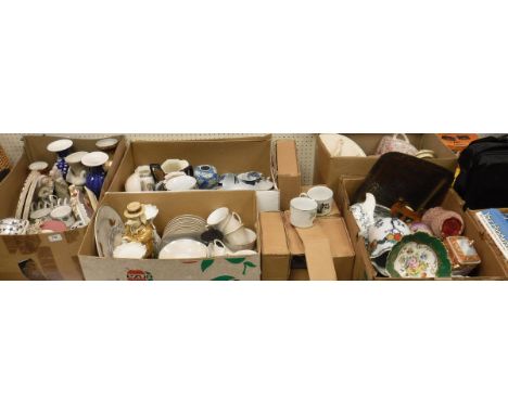 Five boxes of various china and ornamental wares to include figures, vases, tea wares, cheese dishes and covers, Indian brass