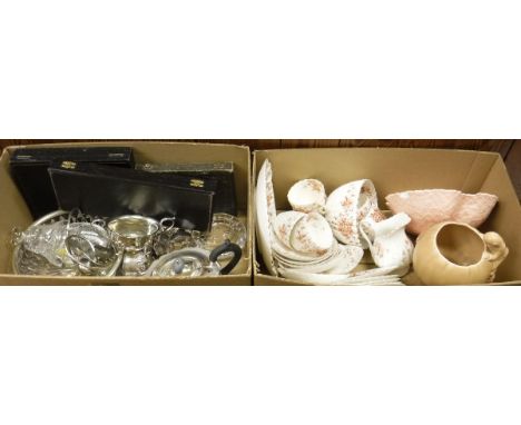 A box of various china wares to include floral decorated part tea set, Crown Ducal floral decorated fruit bowl, Sylvac style 