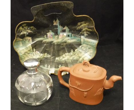 A cut glass and silver mounted grenade dressing table scent bottle, a Crown Ducal chintz ware flower pot, a faience bowl, Ash