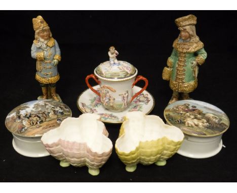 Two Royal Worcester shell bowls, a Victorian pot lid "Peace" and "The Village Wedding after Teniers" (both damaged), together