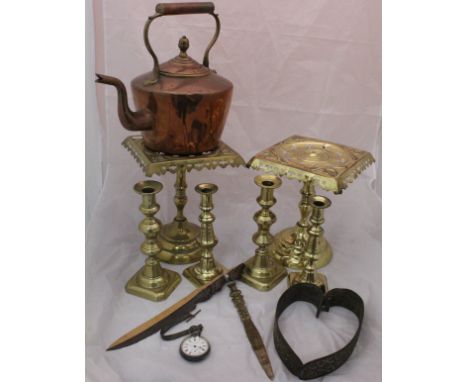 A copper coaching horn by Army & Navy CSL, copper warming pan with turned wooden handle, modern walking stick flask, two bras