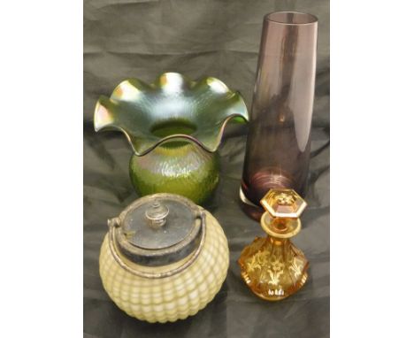 A collection of various glassware to include a Finnish art glass amethyst coloured vase, claret jug with plated mounts, satin