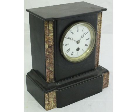 A late Victorian black marble and variegated Rosso marble inlaid cased mantle clock, the French movement with circular enamel