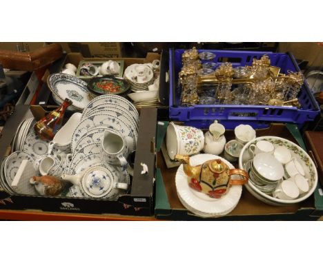 Three boxes of various china wares to include Johnson Bros. "Blue Denmark" dinner wares, various other small china wares, Roy