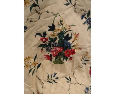 A pair of cotton interlined curtains, the cream ground with floral sprays, together with a further pair of cotton interlined 