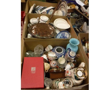Three boxes of various china wares, dinner wares, ornaments, wall clock, copper warming pan, glassware, etc