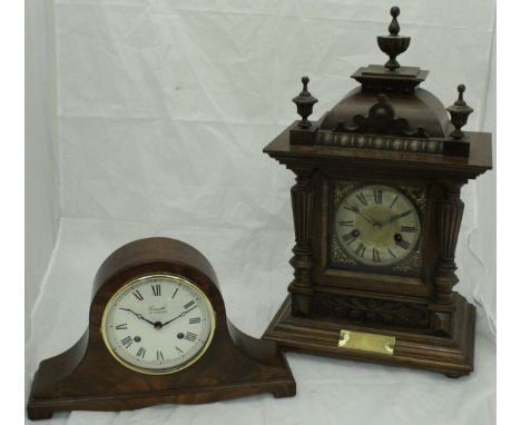 A mahogany cased mantle clock, the 8-day movement with brushed steel dial and Roman numerals, together with a mahogany cased 
