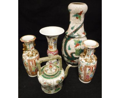 A pair of Cantonese famille rose vases, Chinese crackleware dragon decorated vase, a Chinese famille verte teapot and a Chine