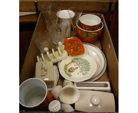 A box of Poole Delphis ware china, Lurpak toast rack and butter cover, various other Poole china, cut glass ware including ru