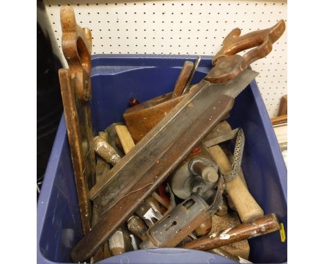 A box of various wood-working and other tools to include planes, blow torch, saws, etc and a Sumlock accountancy calculator, 