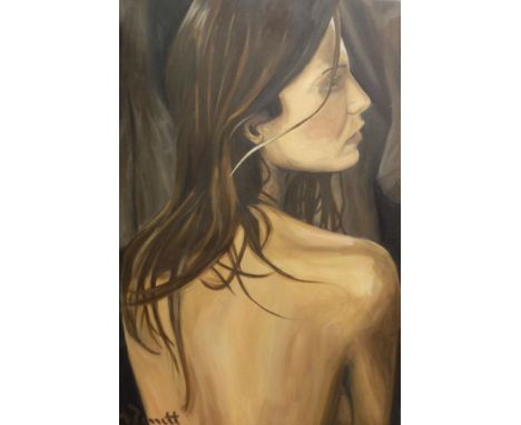 MARK BENNETT "Amelie", portrait of a girl with hair on shoulders, unframed oil, signed lower left