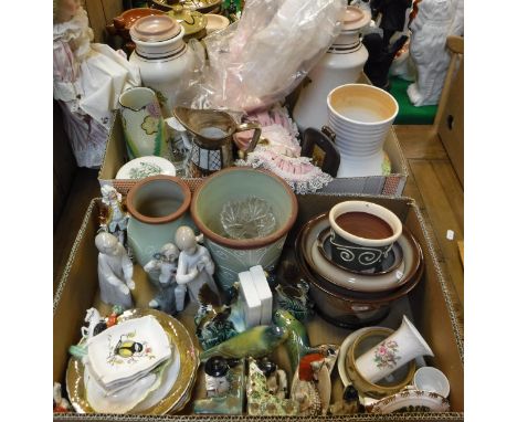Two boxes of various china and glassware to include Radford vases, Denby vases, Nao figurines, costume dolls, pottery book en