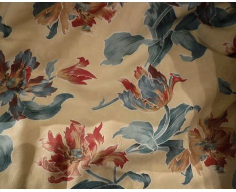 A pair of cotton interlined curtains, the yellow ground set with floral sprays in red and green, together with a hanging lamp