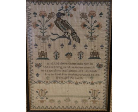 An early 19th Century sampler by Jane Arnolds aged 12 dated Nov 18 1836 worked with dove and floral sprays and verse "And the