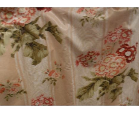 A pair of glazed cotton interlined curtains, the pale pink and white striped ground set with sprays of primula and other flow
