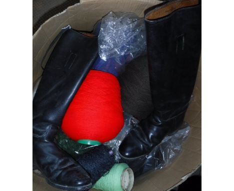 A large box of assorted wools, a pair of black leather riding boots and a cardboard Harrods box containing a day hat inscribe