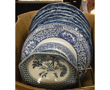 A box containing fifteen various blue and white plates including Royal Worcester "Avon Scenes", Staffordshire "Willow" patter