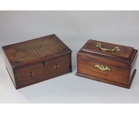 A 19th century rectangular mahogany tea caddy with hinged lid and brass carry handle, 23.5cm, together with a rectangular box