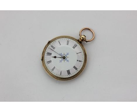 A 9ct gold open face pocket watch, foliate engraved case, enamel dial