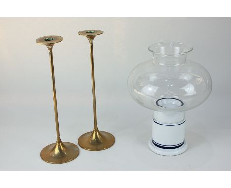 A pair of Danish brass candlesticks, each with slender stem on circular foot, 27cm high, together with a Dansk 'Bistro' porce