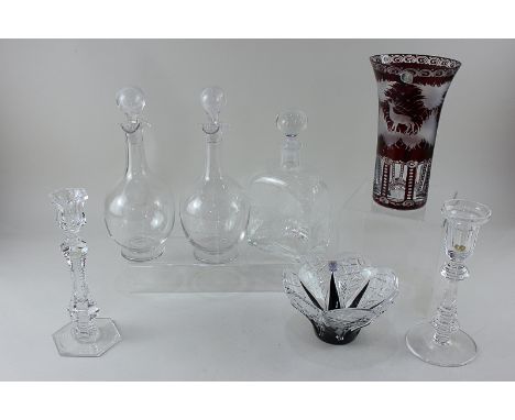A Bohemian red glass vase decorated with deer amongst foliage, 20.5cm high, together with a pair of First Regiment commemorat