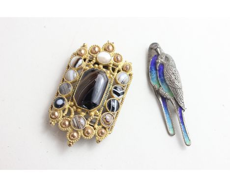 A silver and enamel budgerigar brooch, and a gilt metal and banded agate buckle