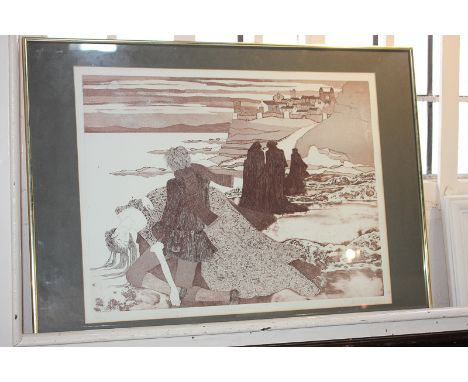 20th century school, atmospheric view of figures beside a coastline, village beyond, 'Annabel Lee', sepia toned print, number
